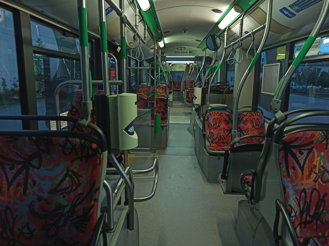 Articulated trolleybus no. 051 of the Polish type Solaris Trollino 18 III Cegelec AC - front interior view