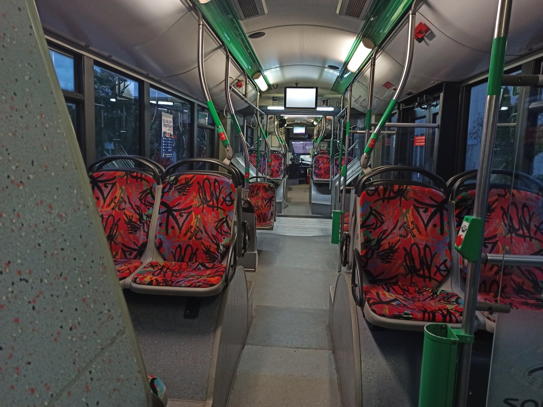 Articulated trolleybus no. 051 of the Polish type Solaris Trollino 18 III Cegelec AC - back interior view