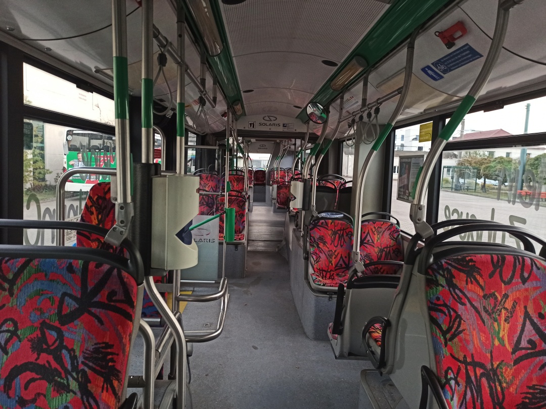 Articulated trolleybus no. 057 of the Polish type Solaris Trollino 18 III Cegelec AC - front interior view