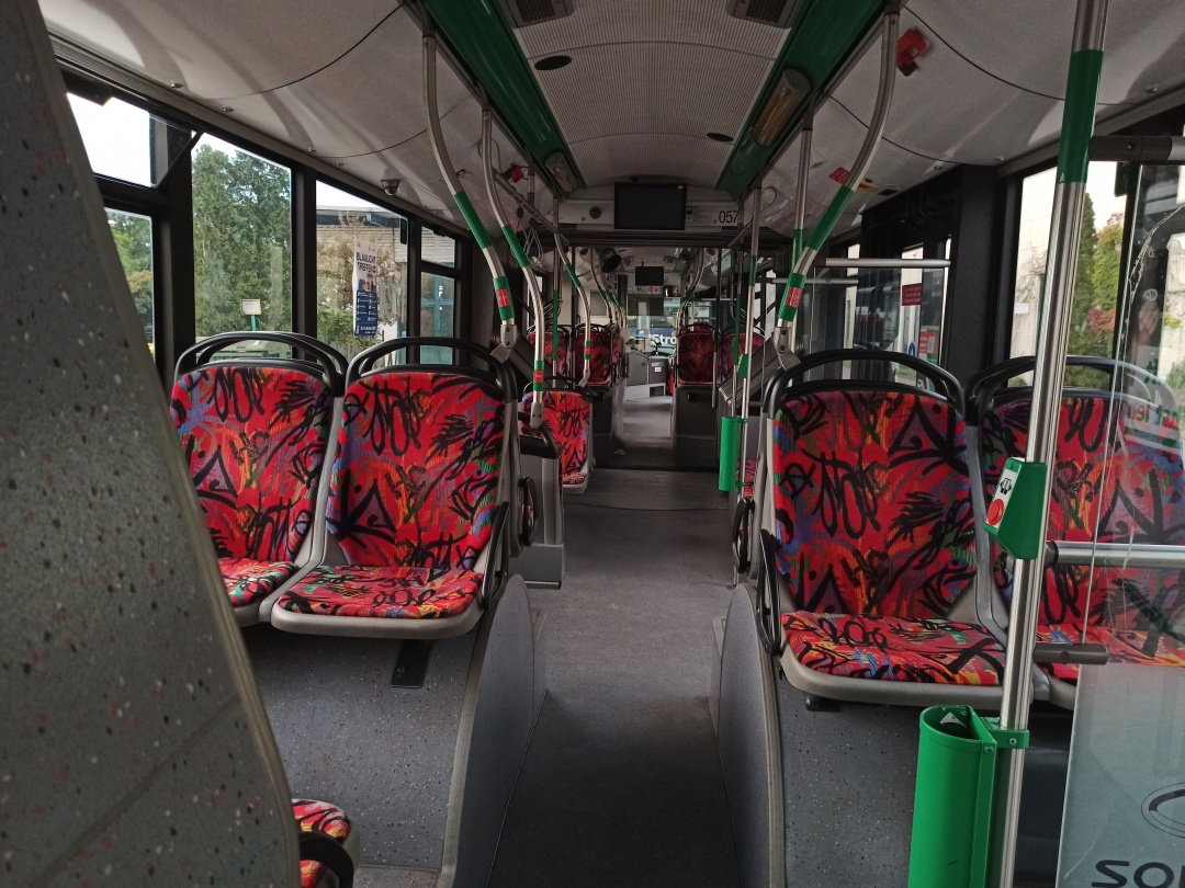 Articulated trolleybus no. 057 of the Polish type Solaris Trollino 18 III Cegelec AC - back interior view
