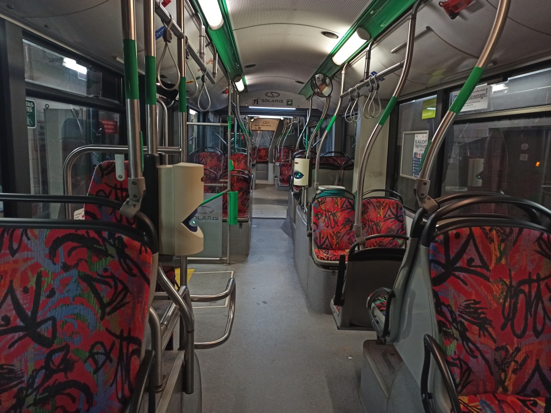 Articulated trolleybus no. 060 of the Polish type Solaris Trollino 18 III Cegelec AC - front interior view
