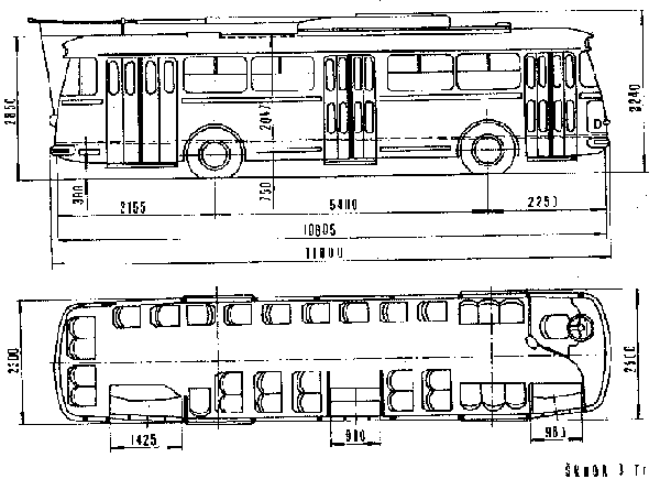 Maßskizze des Obusses vom tschechischen Typ SKODA 9 Tr