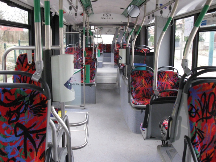Articulated trolleybus no. 054 of the Polish type Solaris Trollino 18 III Cegelec AC - front interior view