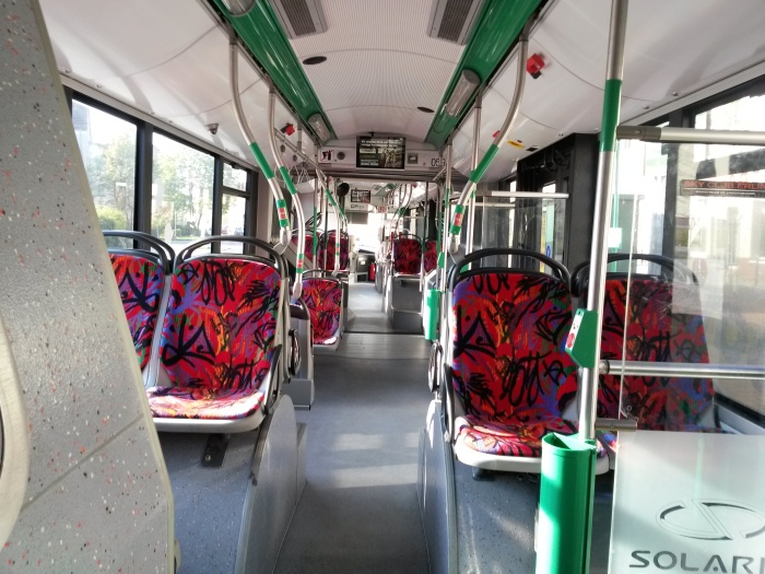 Articulated trolleybus no. 059 of the Polish type Solaris Trollino 18 III Cegelec AC - back interior view