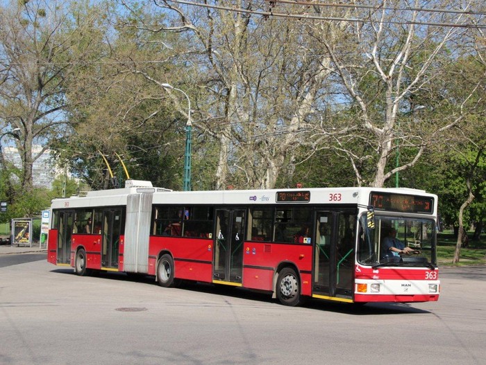 Ehemaliger Eberswalder Gelenkobus Nr. 029 vom österreichischen Typ ÖAF Gräf & Stift NGE 152 M17 in Budapest/H
mit der Wagen-Nr. 363