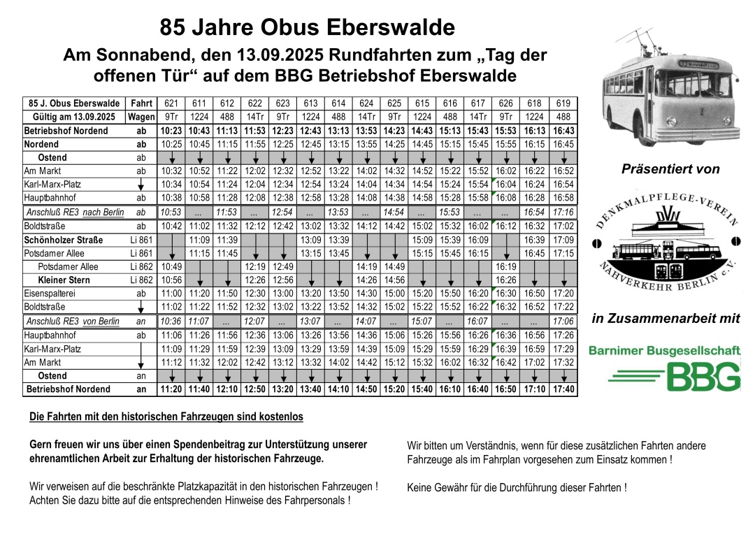 Sonderfahrplan für die Rundfahrten mit den historischen Obussen am 13.09.2025